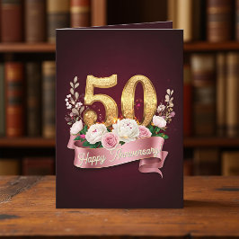 Tarjeta Borgoña y Rosa floral 50 aniversario Boda