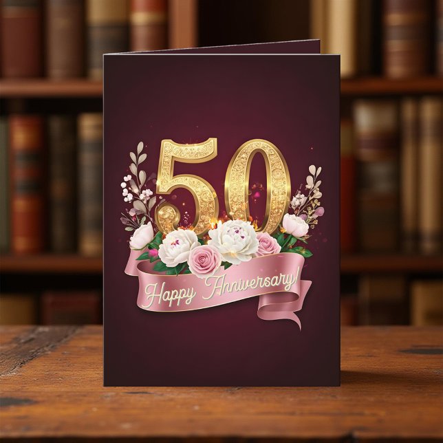 Tarjeta Borgoña y Rosa floral 50 aniversario Boda (Subido por el creador)