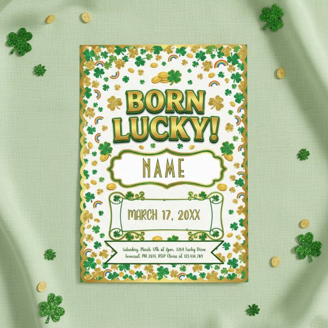Tarjeta Born Lucky St. Patrick’s Day Birthday Invitation (Subido por el creador)