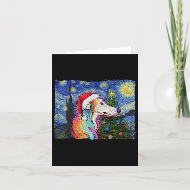 Tarjeta Borzoi Santa Hat Navidades Stark Night Dog Art Pa (Anverso)