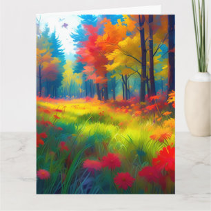 Tarjeta Bosque con árboles y flores coloridos
