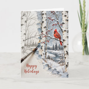 Tarjeta Bosque de abedules de Navidad y pintura de cardena