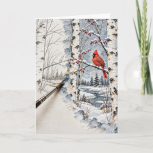 Tarjeta Bosque de abedules de Navidad y pintura de cardena