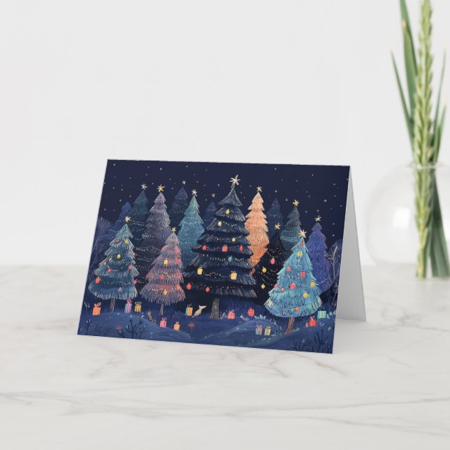 Tarjeta Bosque de nieve con luces de Navidades coloridas (Anverso)