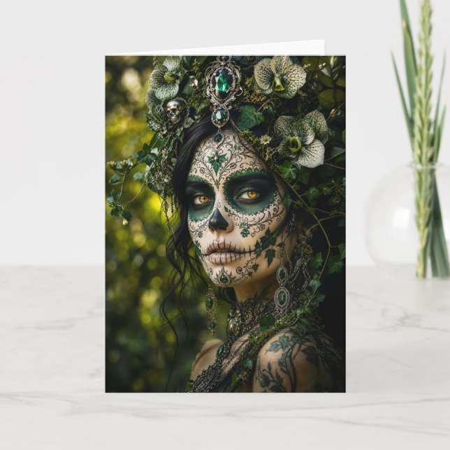 Tarjeta Bosque Esmeralda Calavera – Botánica Verde (Anverso)