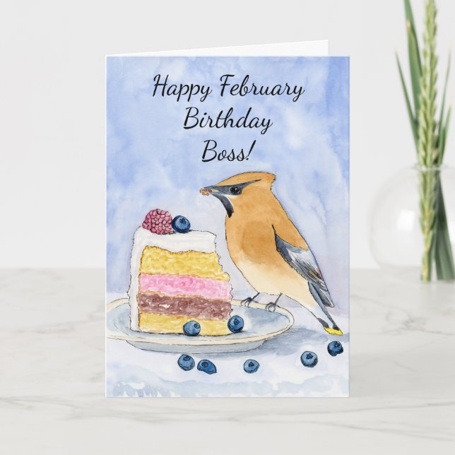 Tarjeta Boss Happy February Birthday Cedar Waxwing Cake (Anverso)