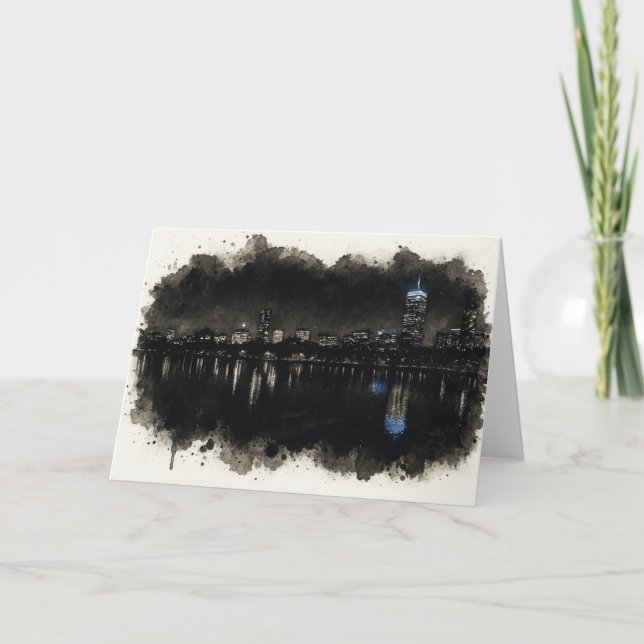 Tarjeta Boston Skyline Watercolor Night Greeting Card (Anverso)