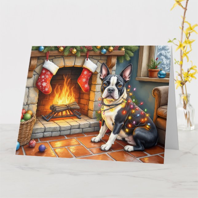 Tarjeta Boston Terrier Chimenea con Luces de Navidad (flor amarilla)