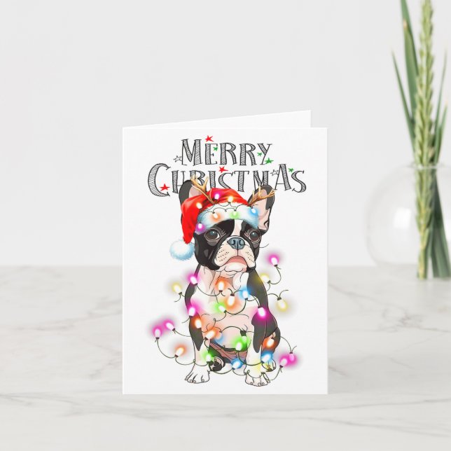 Tarjeta Boston Terrier Christmas Lights Xmas Dog  (Anverso)