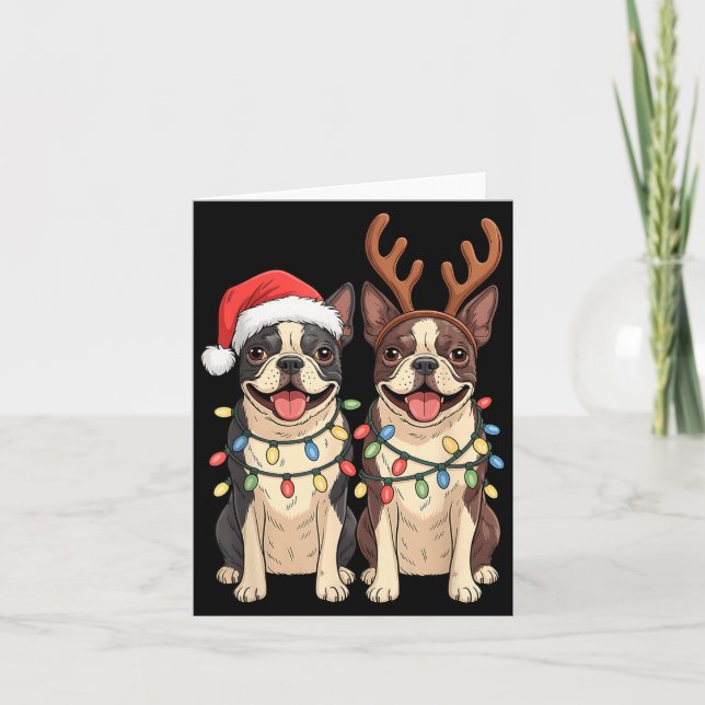Tarjeta Boston Terrier Christmas Santa Hat Reindeer Lights (Anverso)
