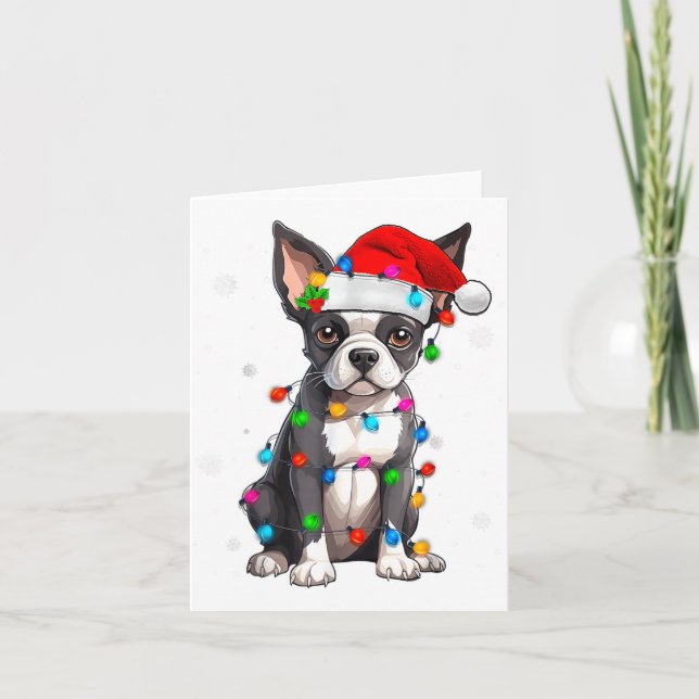 Tarjeta Boston Terrier Christmas Santa Hat Tree Lights Paj (Anverso)
