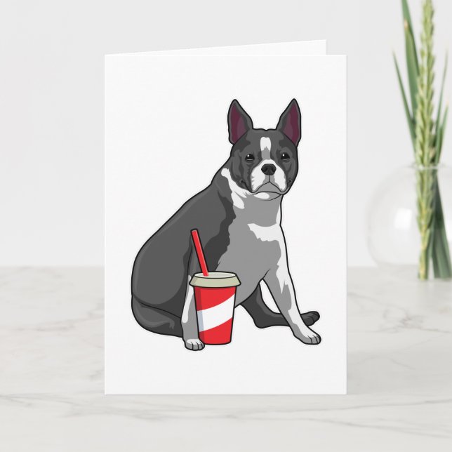 Tarjeta Boston Terrier con bebida (Anverso)