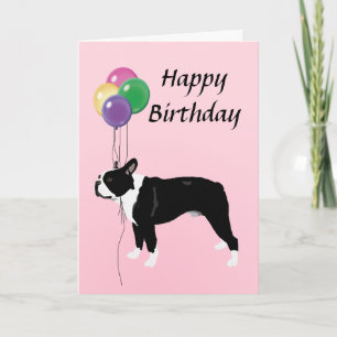 Tarjeta Boston Terrier con feliz cumpleaños de los globos