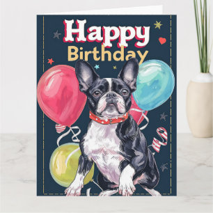 Tarjeta Boston Terrier con globos