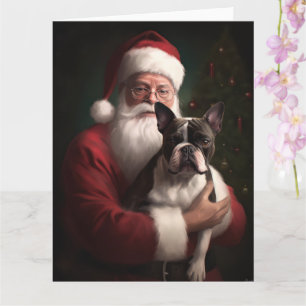 Tarjeta Boston Terrier con Navidades festivos de Santa Cla