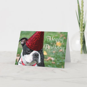 Tarjeta Boston terrier con un gorra de cumpleaños