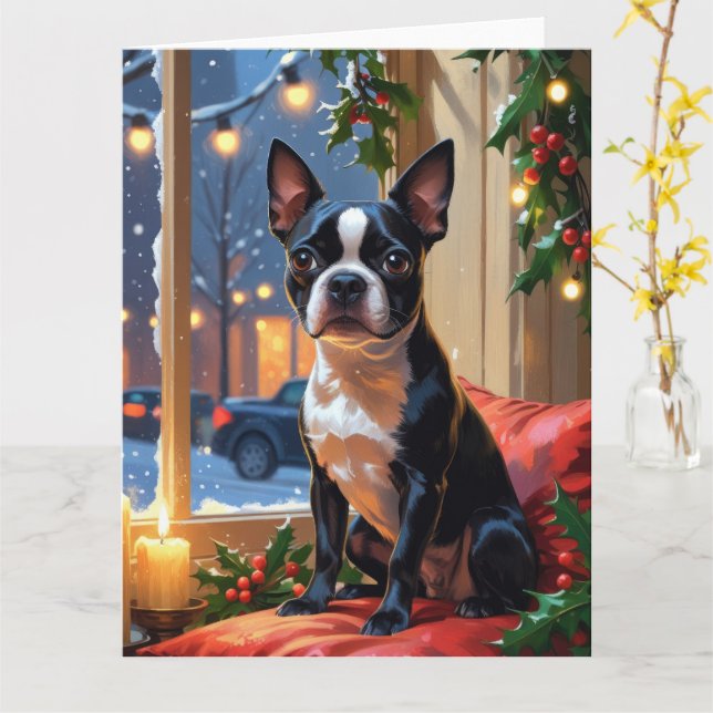 Tarjeta Boston Terrier con vacaciones de Navidades ilumina (flor amarilla)