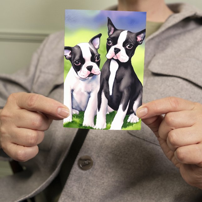 Tarjeta Boston Terrier Cuppies Saludo de Acuarela (Subido por el creador)
