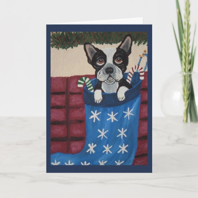 Tarjeta Boston Terrier de Navidad en una Media (Anverso)