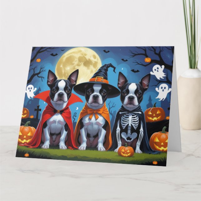 Tarjeta Boston Terrier Dogs Calabaza Halloween Funny (Anverso)