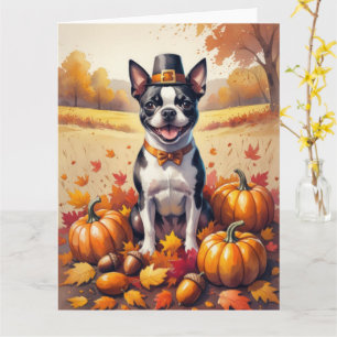 Tarjeta Boston Terrier en Hojas de Otoño Arte de Acción de