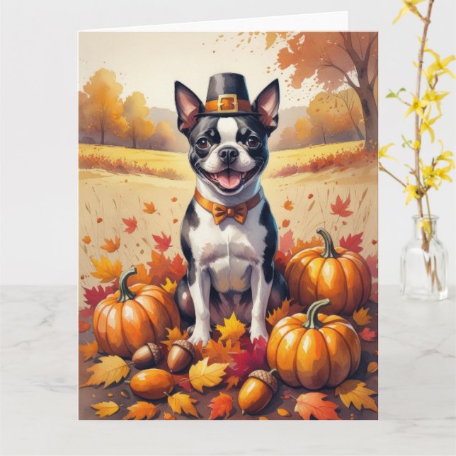 Tarjeta Boston Terrier Entre Hojas de Otoño Arte de Acción (flor amarilla)