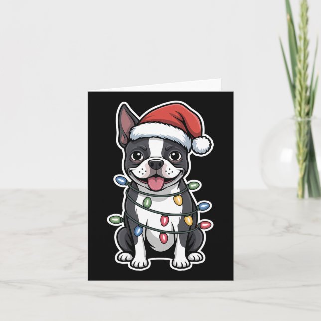 Tarjeta Boston Terrier Envuelto En Luces De Navidades (Anverso)