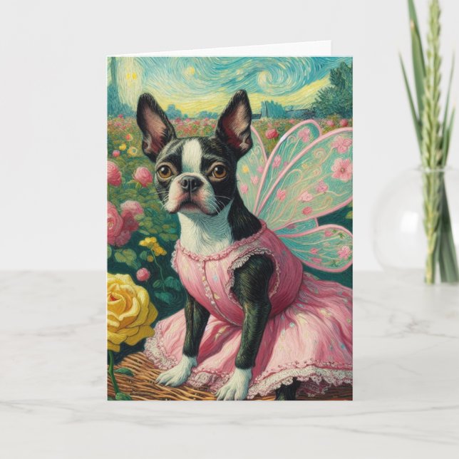 Tarjeta Bostón Terrier Fairy en el Rosa Garden Van Gogh (Anverso)