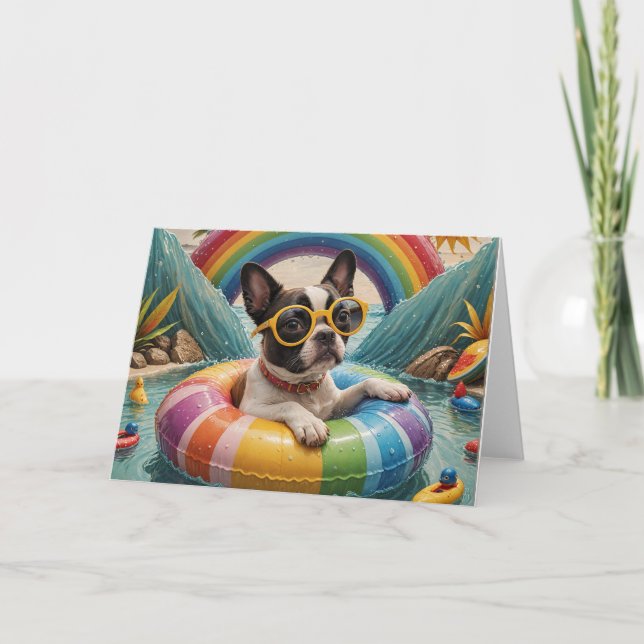 Tarjeta Boston terrier flotando en un día de verano (Anverso)