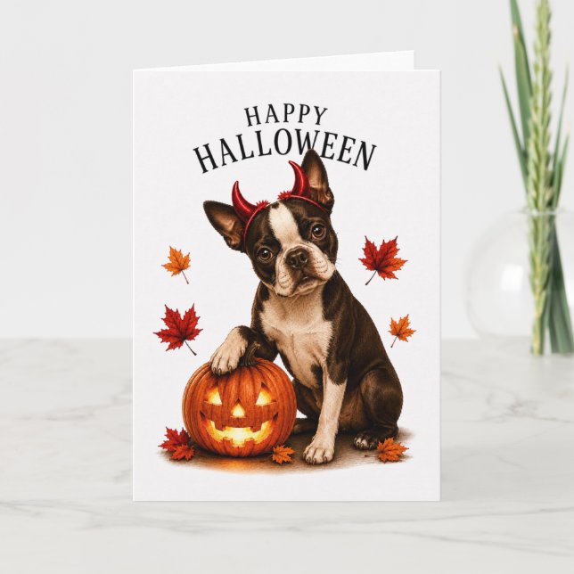 Tarjeta Boston Terrier Halloween Perro Diablo (Anverso)