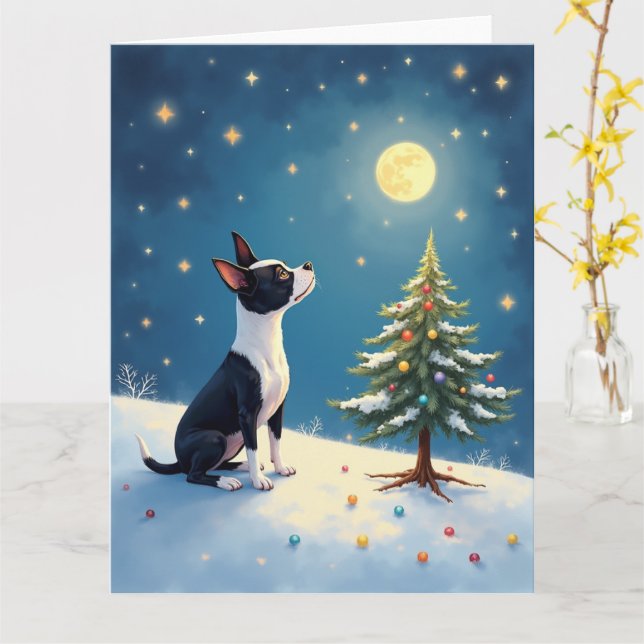 Tarjeta Boston Terrier Midnight Star-Gazing Christmas (flor amarilla)