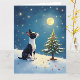 Tarjeta Boston Terrier Mirando las Estrellas en Navidad