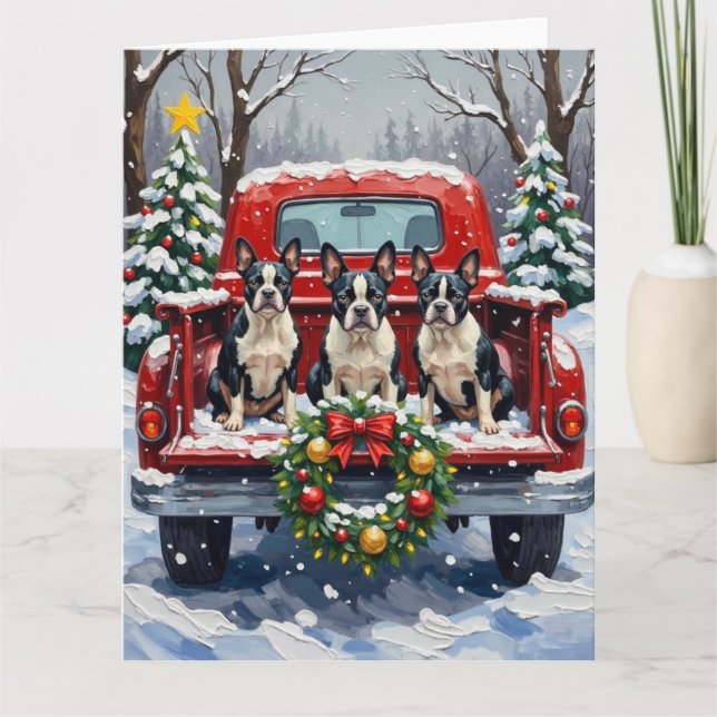Tarjeta Boston Terrier Navidad Camión Rojo Fiesta (Anverso)
