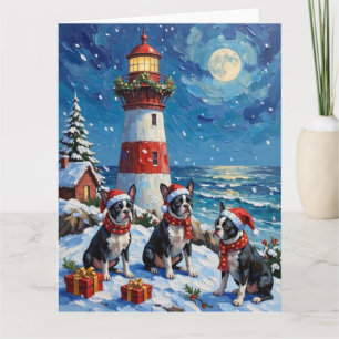 Tarjeta Boston Terrier Navidad Faro Fiesta