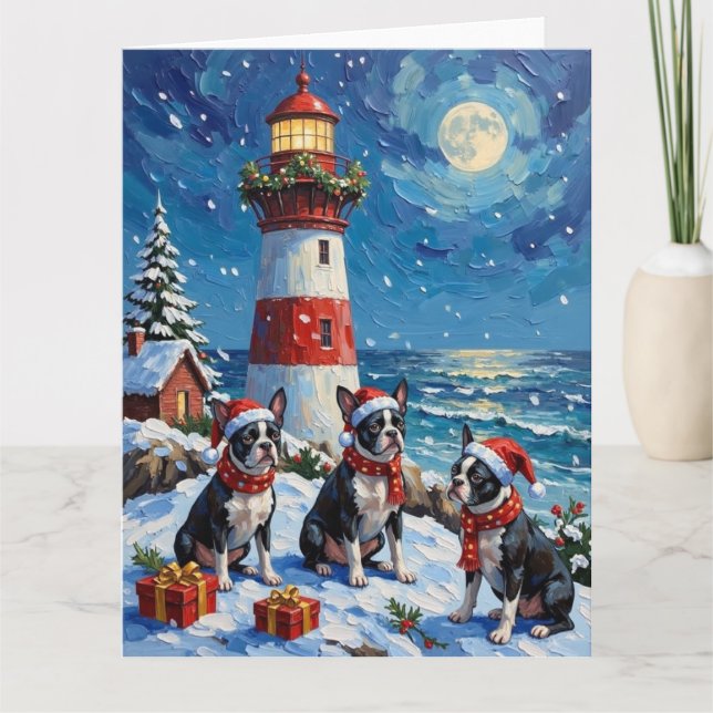 Tarjeta Boston Terrier Navidad Faro Fiesta (Anverso)