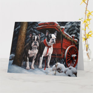 Tarjeta Boston Terrier Nevado Trineo Decoración de Navidad