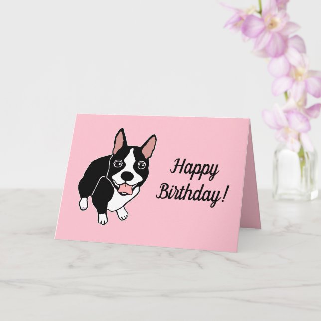Tarjeta Boston Terrier Pink Happy Birday (Orquídea)