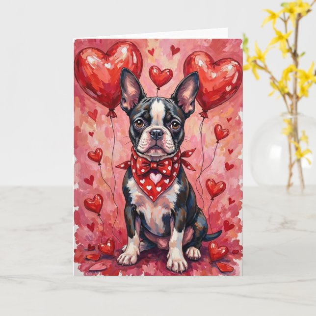 Tarjeta Boston Terrier Valentine’s Day Dog with Hearts Red (flor amarilla)