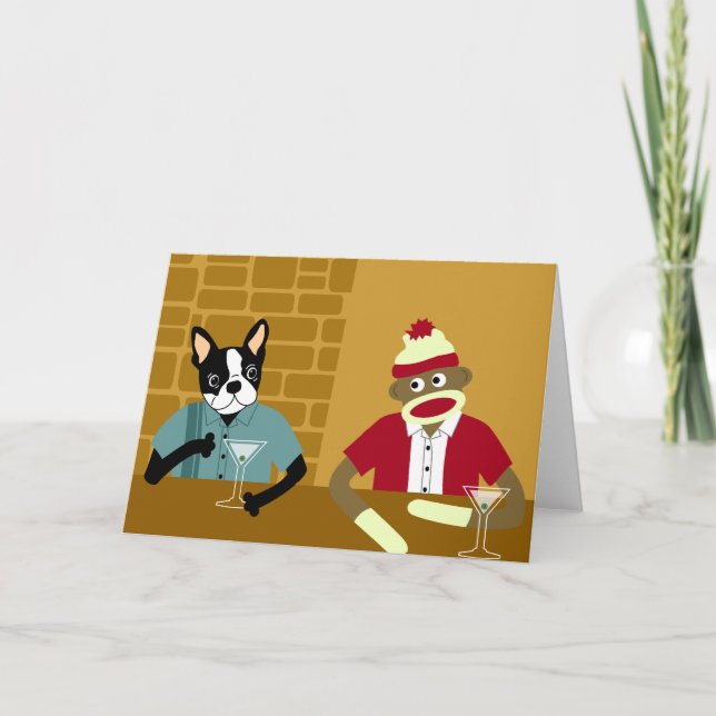 Tarjeta Boston Terrier y mono del calcetín (Anverso)