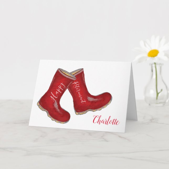 Tarjeta Bota roja de jardinería de mujer Feliz jubilación (Planta pequeña)