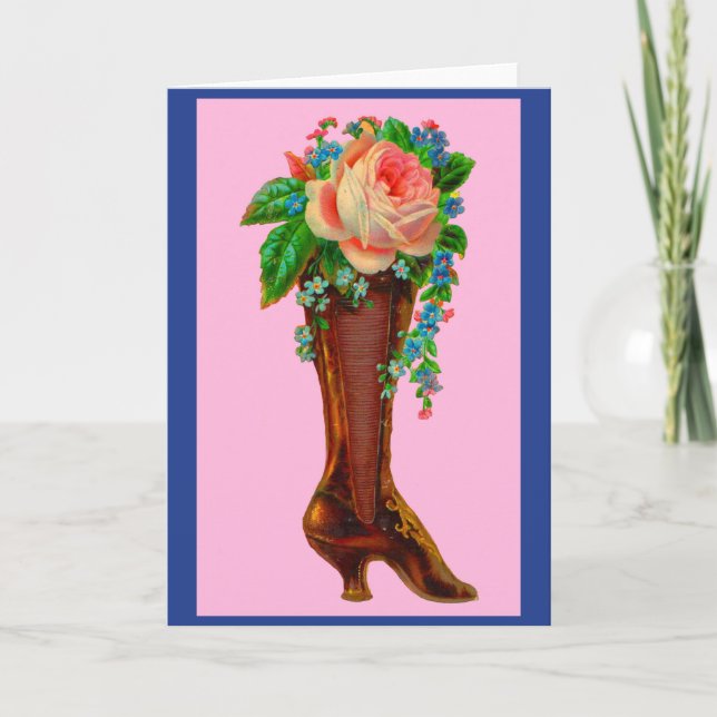 Tarjeta Bota victoriana sosteniendo flores (Anverso)