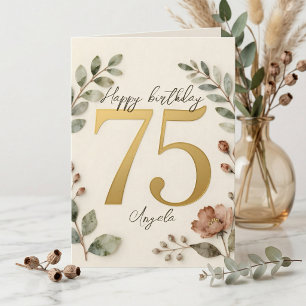 Tarjeta Botánico Acuarela Dorado Elegante Cumpleaños 75
