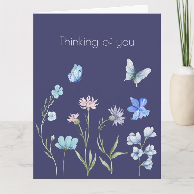 Tarjeta Botánico Azul Floral Pensando en Ti (Anverso)
