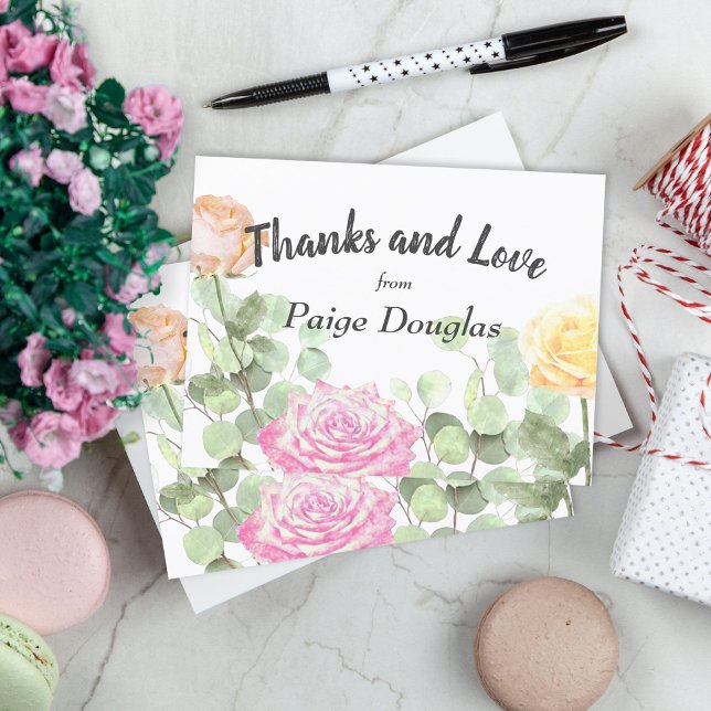Tarjeta Botánico Floral Melocotón Rosa Amarillo Graduación (graduation party graduate thank you card thanks stationary floral pink peach roses flowers botanical)