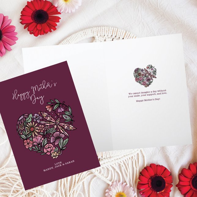 Tarjeta Botánicos florales y el Día de la Madre (Floral Botanicals & Dragonfly Heart Mother's Day Card)