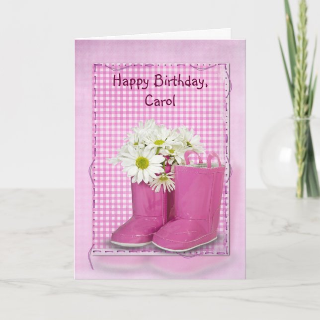 Tarjeta Botas de cumpleaños rosadas con margaritas (Anverso)