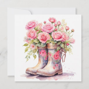 Tarjeta Botas de jardín de acuarela con rosas rosadas 