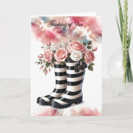 Tarjeta Botas de lluvia a rayas y rosas pensando en ti