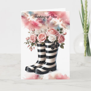 Tarjeta Botas de lluvia a rayas y rosas pensando en ti
