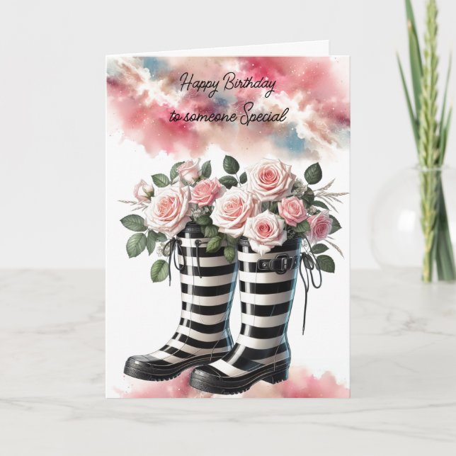 Tarjeta Botas de lluvia a rayas y rosasCumpleaños (Anverso)